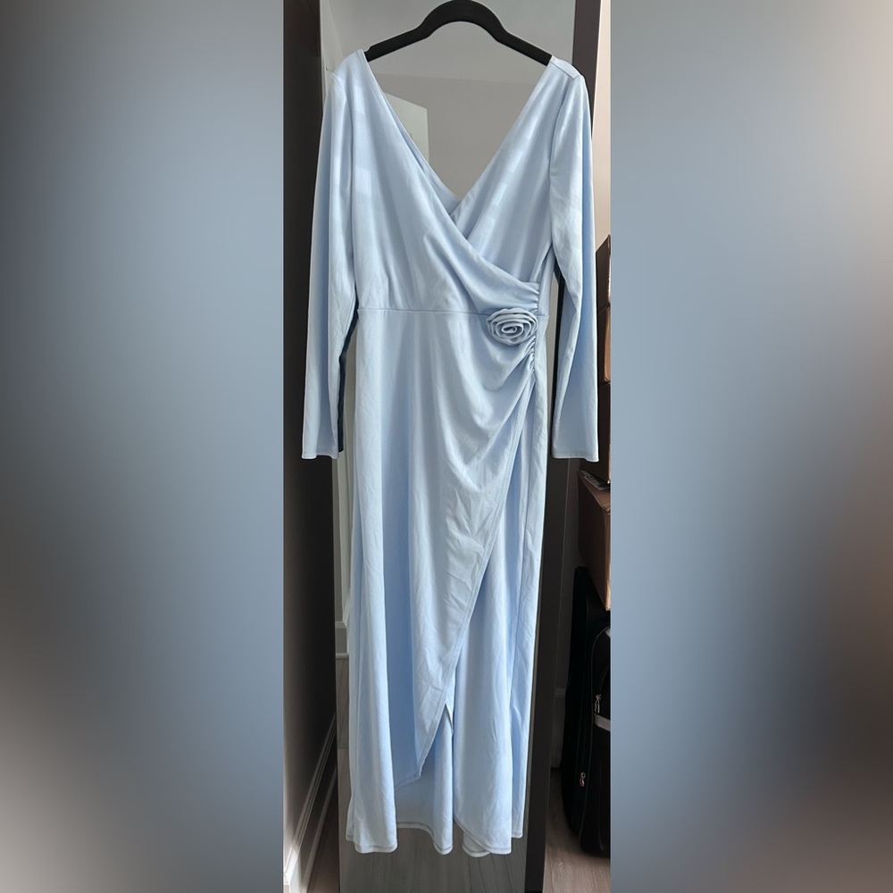 Wayf Light Blue Long Sleeve Dress with Floral Detail